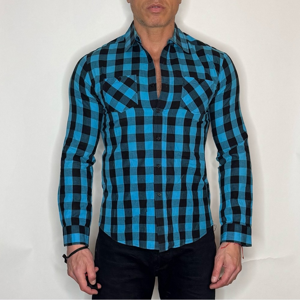 Forever 21 Blue and Black Checkered Men's Shirt